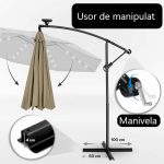 Umbrela terasa/gradina cu lumina LED, husa protectie, panou incarcare solara, protectie UV 50+, rotire la 360°, inclinatie reglabila, manivela, Ø 300 cm, crem inchis - imagine 2