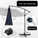 Umbrela terasa/gradina, protectie UV 50+, rezistent la intemperii/vant, acoperire hidrofuga, rotire la 360°, inclinatie reglabila, manivela practica, inaltime 240 cm x Ø 300 cm, albastru inchis - imagine 7