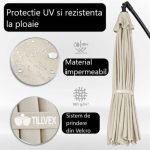 Umbrela terasa/gradina, protectie UV 50+, rezistent la intemperii/vant, acoperire hidrofuga, rotire la 360°, inclinatie reglabila, manivela practica, inaltime 240 cm x Ø 300 cm, crem - imagine 7