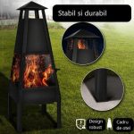 Semineu exterior pentru gradina/BBQ grill, protectie anti-scantei, perie, cleste, husa protectie, loc depozitare,Grillas negru - imagine 4