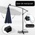 Umbrela terasa/gradina, cu lumina LED, husa protectie, protectie UV 50+, rotire la 360°, inclinatie reglabila, manivela, Ø 300 cm, albastru inchis - imagine 7