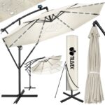 Umbrela terasa/gradina cu lumina LED, husa protectie, panou incarcare solara, protectie UV 50+, rotire la 360°, inclinatie reglabila, manivela, Ø 300 cm, crem