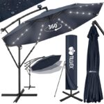 Umbrela terasa/gradina, cu lumina LED, husa protectie, protectie UV 50+, rotire la 360°, inclinatie reglabila, manivela, Ø 300 cm, albastru inchis