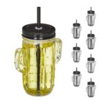 Set de 8 pahare in forma de cactus, pentru limonada, capace si paie, din sticla, 500 ml