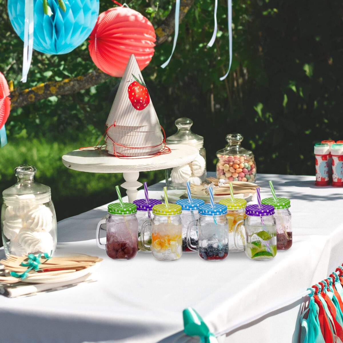 Set 8 halbe pentru limonada sau citronada, Relaxdays, cu capac si pai, multicolor, 400 ml - imagine 3