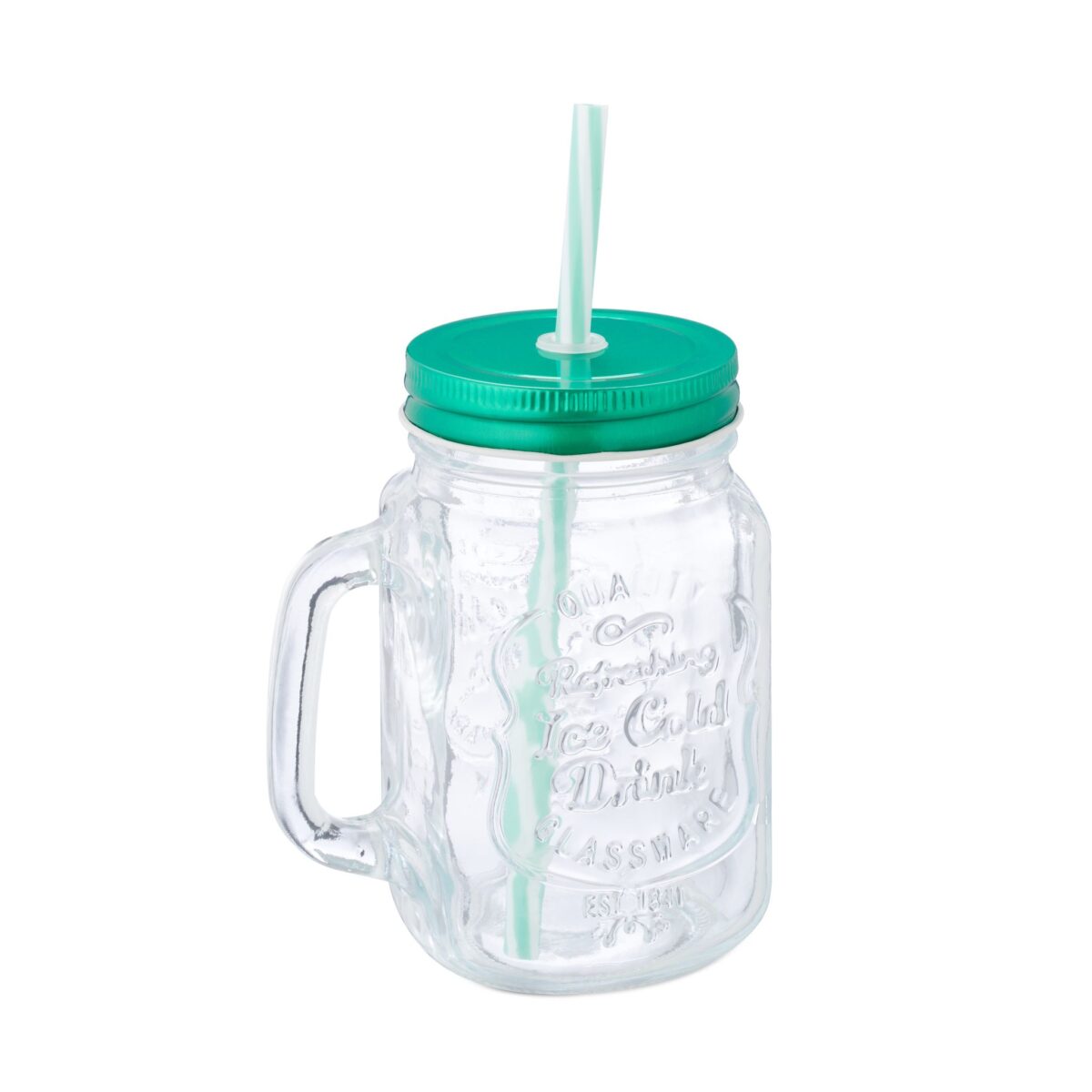 Pahare pentru limonada, set 8, capace si paie turcoaz, 500 ml, din sticla, Relaxdays - imagine 3