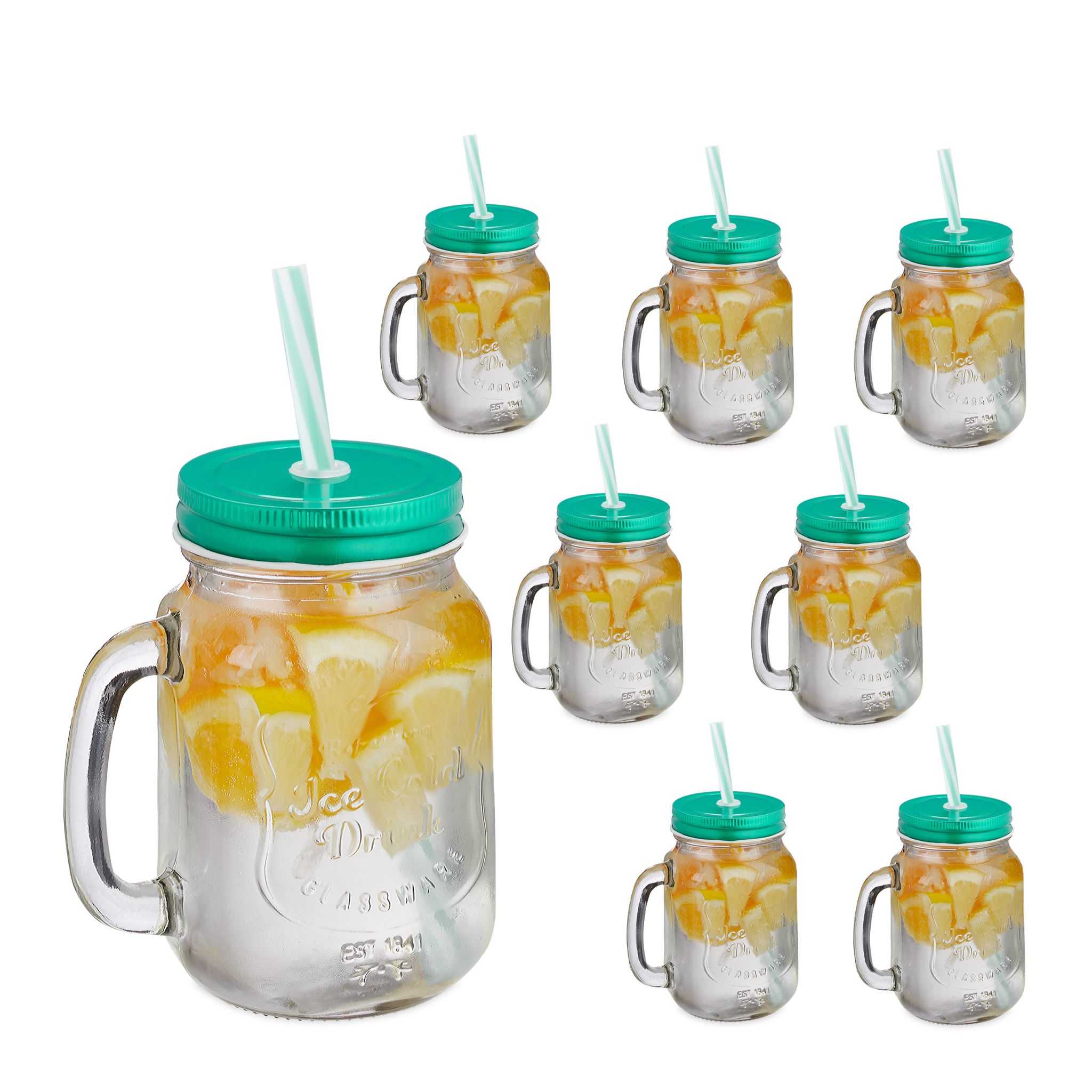 10044947_0_1_1f73c015917eff1279ed0cc2673ca0f1 Pahare pentru limonada, set 8, capace si paie turcoaz, 500 ml, din sticla, Relaxdays - imagine 1
