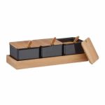 Set 3 recipiente condimente, capace, lingurite si suport din bambus, negru, 11 x 30 x 13 cm