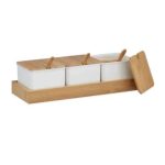Set 3 recipiente condimente, capace, lingurite si suport din bambus, alb, 11 x 30 x 13 cm