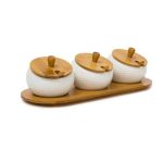 Set 3 recipiente condimente, ceramica, suport, capace si lingurite din bambus, maro natur/alb, 30.5 x 12 x 8.5 cm