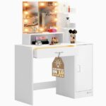 Masa de toaleta pentru machiaj Casaria, Jocelyn, 140x90x40cm, Sertar, Dulap 2 compartimente, Iluminare LED, Alb