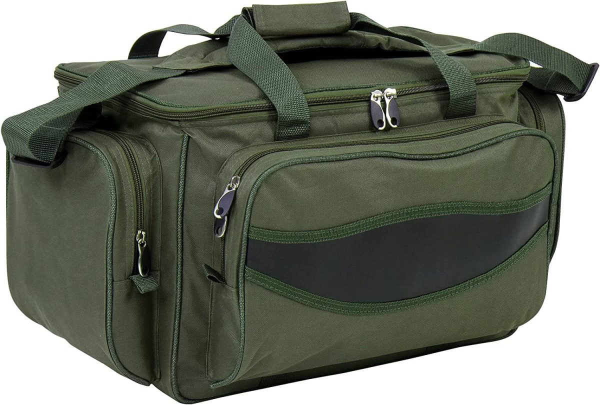 Geanta pescuit Physionics® impermeabila, 4 compartimente, curea de umar captusita, manere de transport, verde Army, 56 x 31 x 30cm - imagine 2