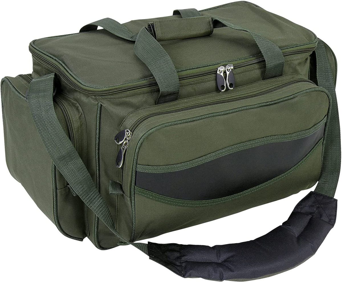 Geanta pescuit Physionics® impermeabila, 4 compartimente, curea de umar captusita, manere de transport, verde Army, 56 x 31 x 30cm - imagine 6
