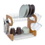 Scurgator vase din bambus si metal, pe 2 nivele, cu suport pentru tacamuri si suport pentru pahare, Relaxdays, 35 x 51 x 26.5 cm