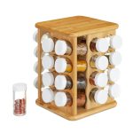 Set 32 recipiente condimente cu suport rotativ, bambus, natur, 28 x 25 x 25 cm, Relaxdays