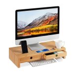 Stand pentru monitor/laptop, 2 sertare, 12 x 56 x 27 cm, bambus, Relaxdays