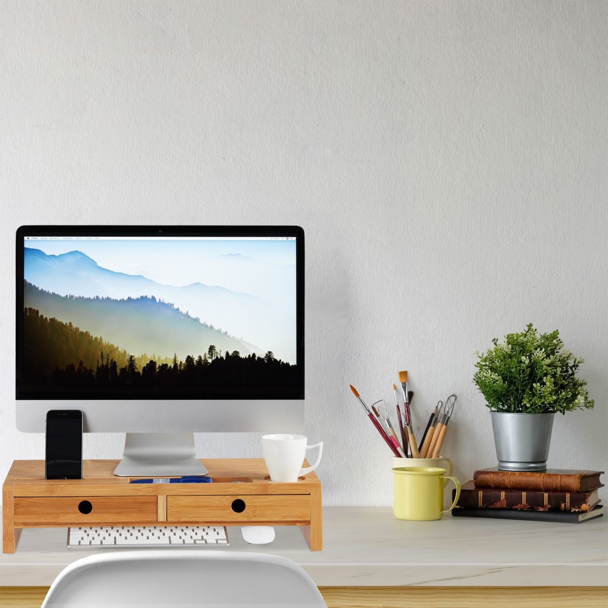 Stand pentru monitor/laptop, 2 sertare, 12 x 56 x 27 cm, bambus, Relaxdays - imagine 2