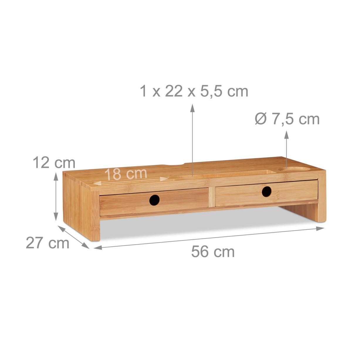 Stand pentru monitor/laptop, 2 sertare, 12 x 56 x 27 cm, bambus, Relaxdays - imagine 4