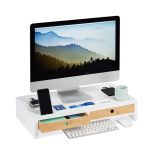Suport/stand pentru monitor/laptop, 2 sertare, 11 x 58,5 x 32,5 cm, MDF si bambus, Relaxdays