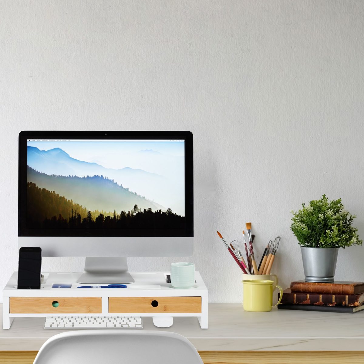 Suport/stand pentru monitor/laptop, 2 sertare, 11 x 58,5 x 32,5 cm, MDF si bambus, Relaxdays - imagine 2