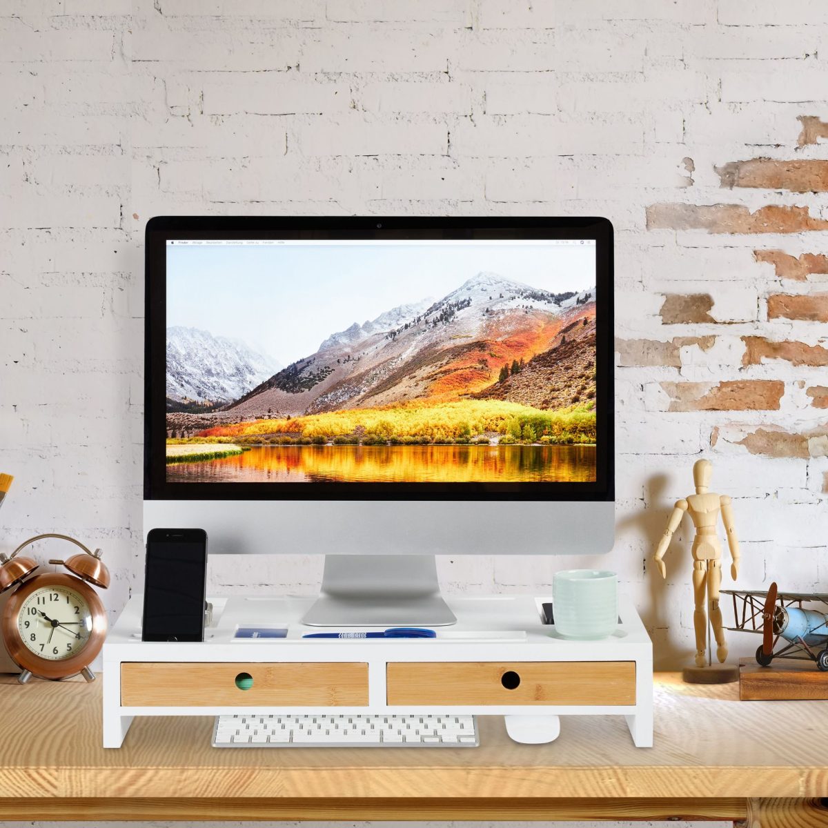 Suport/stand pentru monitor/laptop, 2 sertare, 11 x 58,5 x 32,5 cm, MDF si bambus, Relaxdays - imagine 4