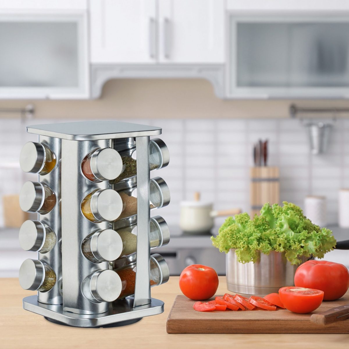 Set 16 recipiente condimente cu suport rotativ, inox, 27.5 x 18.5 x 18.5 cm - imagine 2