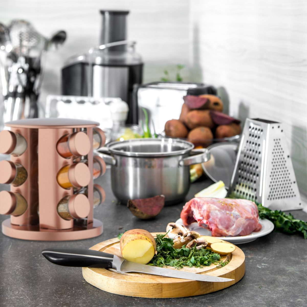 Set 12 recipiente condimente cu suport rotativ, inox, bronz, Relaxdays - imagine 2