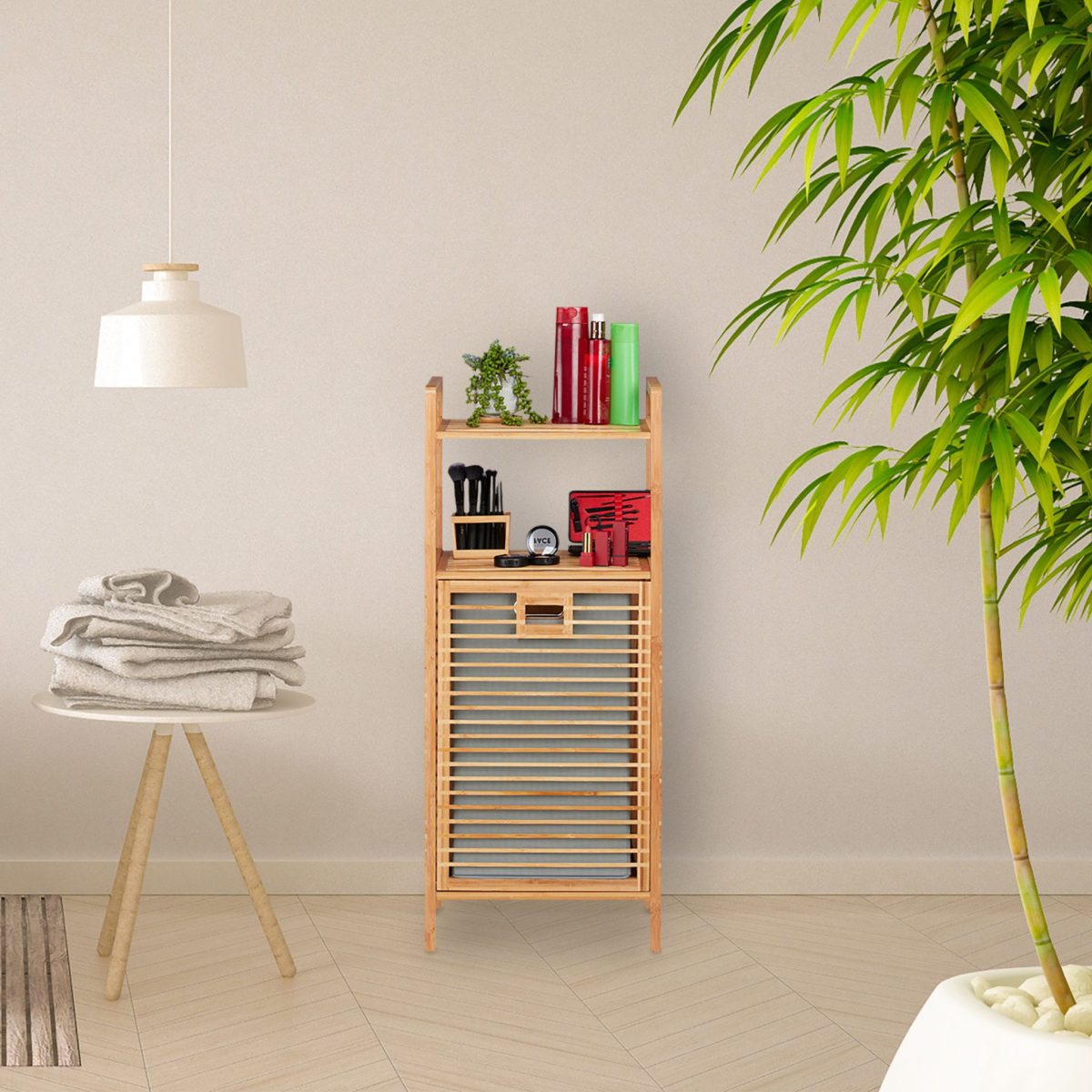 Cos de rufe Relaxdays cu 2 rafturi, din bambus, 28 l, 95 x 40 x 30 cm - imagine 3