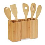 Set 5 ustensile bucatarie cu suport, din bambus, Relaxdays, natur