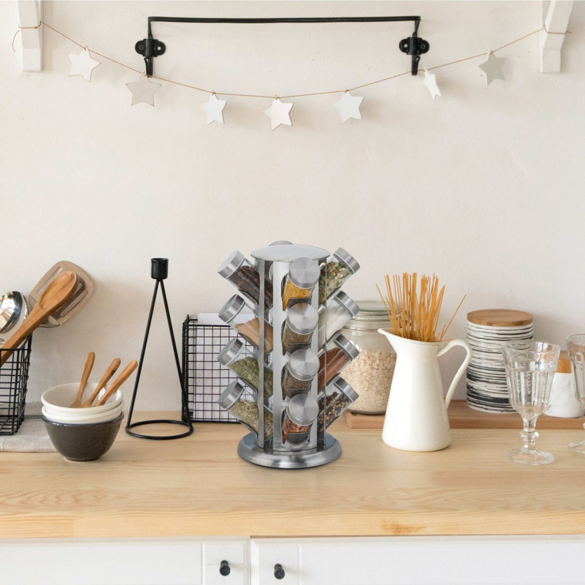Set 16 recipiente condimente cu suport rotativ, inox, 33 x 22 cm - imagine 2