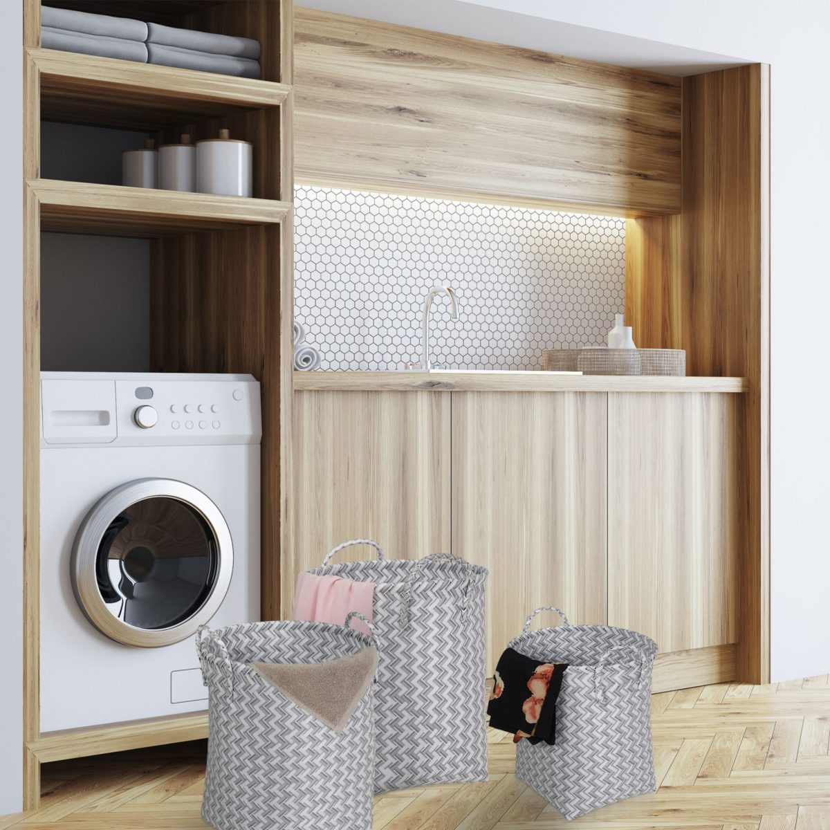 Set 3 cosuri de rufe RelaxDays, plastic, cos mic 23 l, cos mediu 30 l, cos mare 37 l, alb/gri - imagine 2