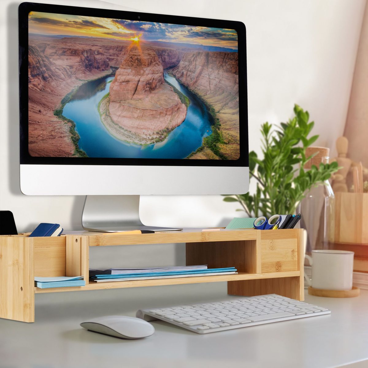 Suport pentru monitor cu 5 compartimente, din bambus - imagine 8