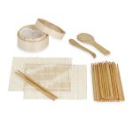 Set preparare sushi, 6 piese si 20 betisoare, din bambus, maro