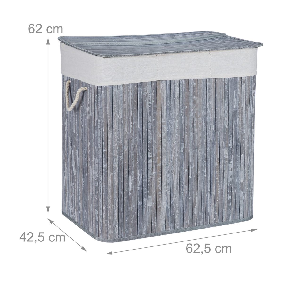 Cos de rufe din bambus cu 3 compartimente, Relaxdays, alb/gri, 120l, 40l 62 x 62.5 x 42.5 cm - imagine 3
