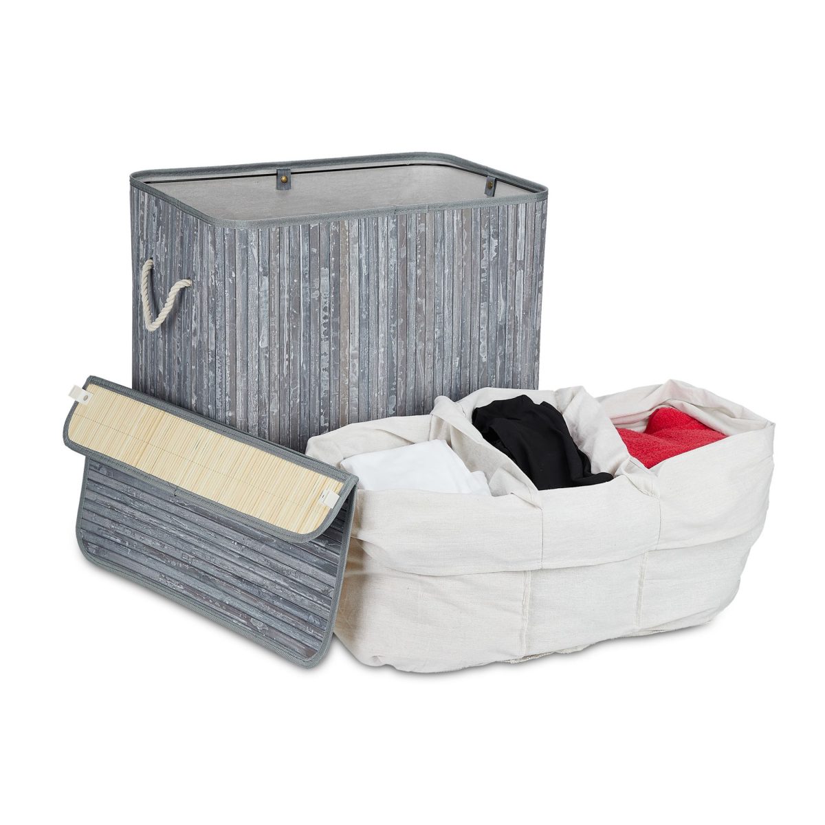 Cos de rufe din bambus cu 3 compartimente, Relaxdays, alb/gri, 120l, 40l 62 x 62.5 x 42.5 cm - imagine 4