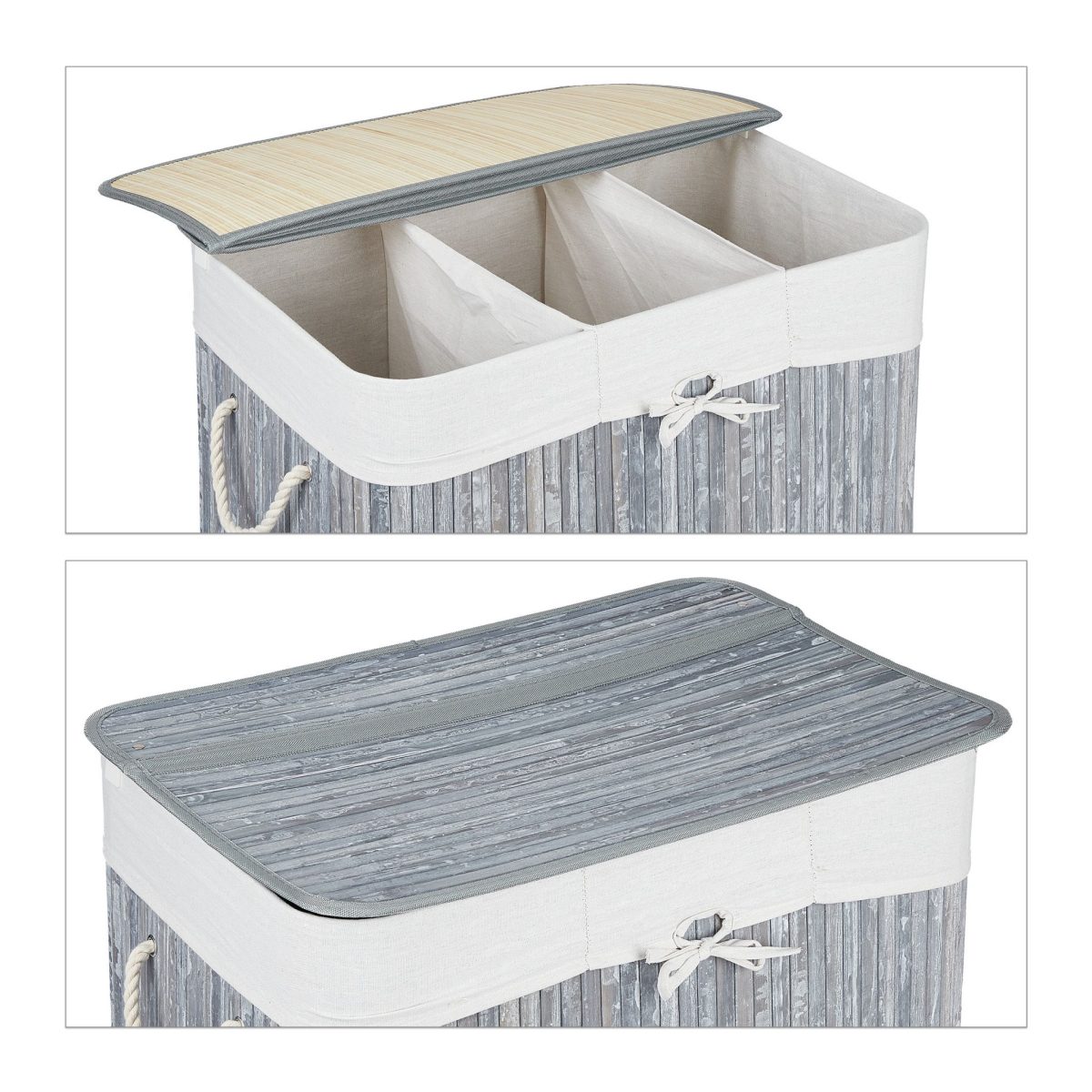 Cos de rufe din bambus cu 3 compartimente, Relaxdays, alb/gri, 120l, 40l 62 x 62.5 x 42.5 cm - imagine 5