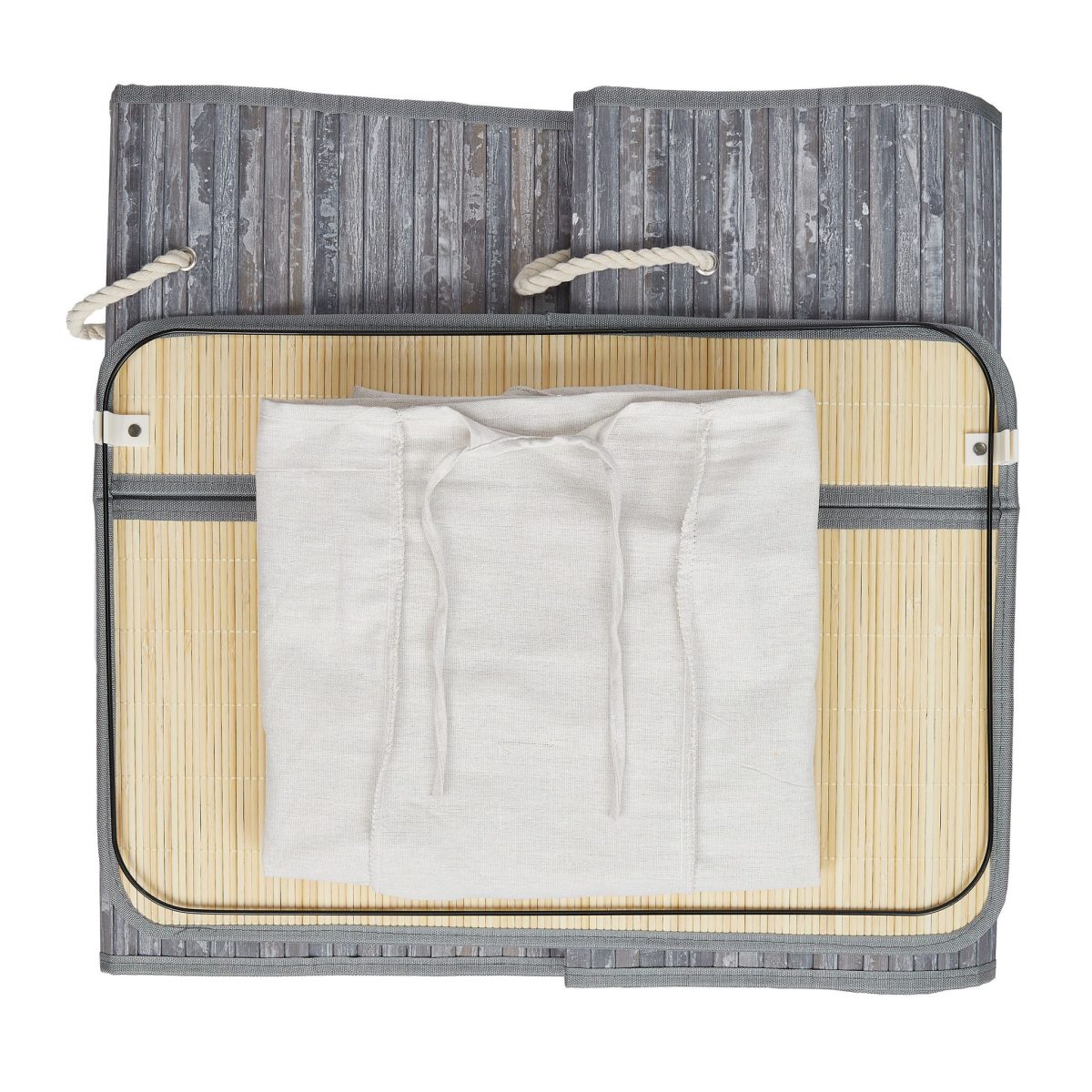 Cos de rufe din bambus cu 3 compartimente, Relaxdays, alb/gri, 120l, 40l 62 x 62.5 x 42.5 cm - imagine 6