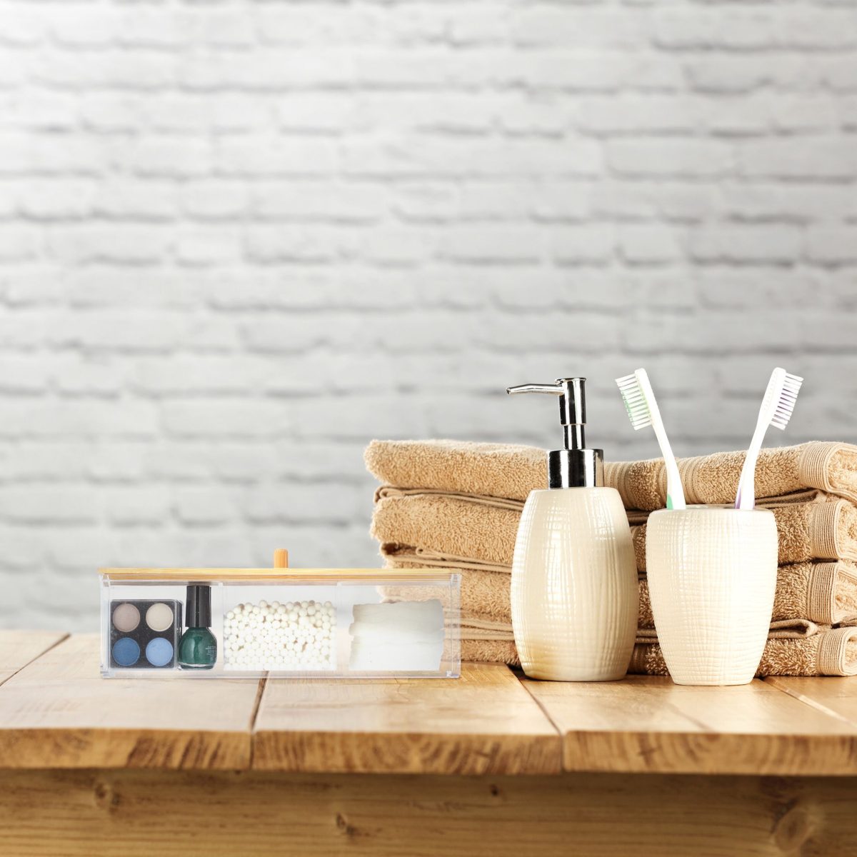 Organizator produse cosmetice si bijuterii, 3 compartimente, plastic/bambus, 7,5 x 23 x 9,5 cm - imagine 2