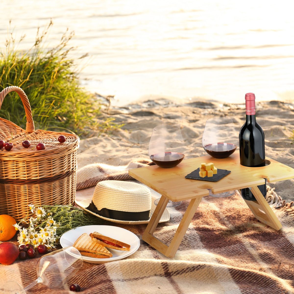 Tava servire pentru vin si pahare, bambus, 20 x 40 x 30 cm, Relaxdays - imagine 2