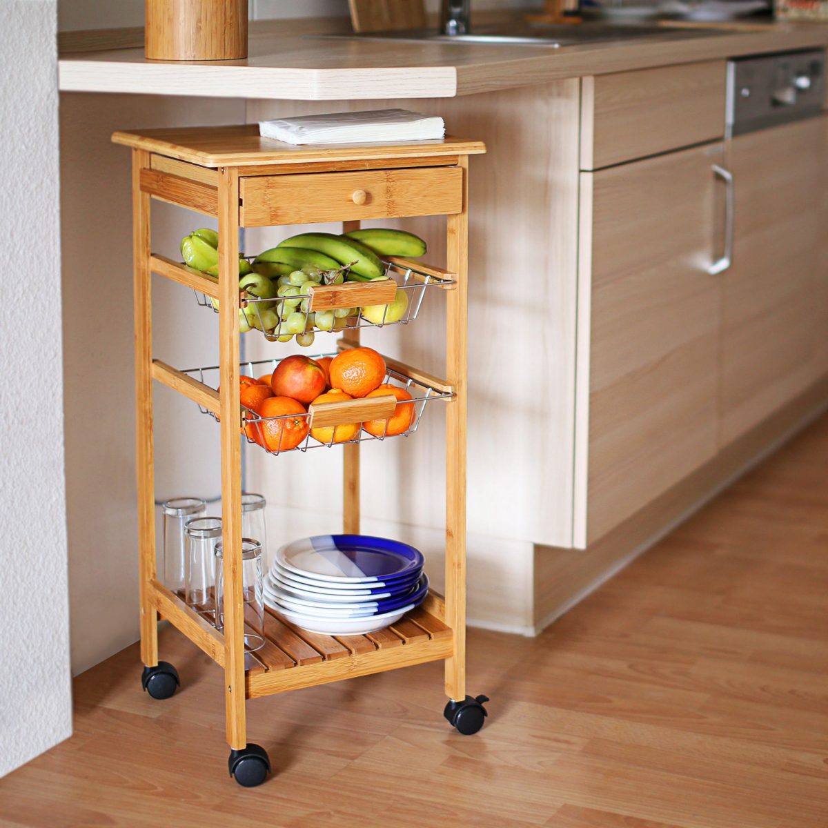 Carucior servire Relaxdays, pentru bucatarie, cu sertar, 2 cosuri pentru fructe si legume si raft, natur, 80.5 x 37 x 37 cm - imagine 2