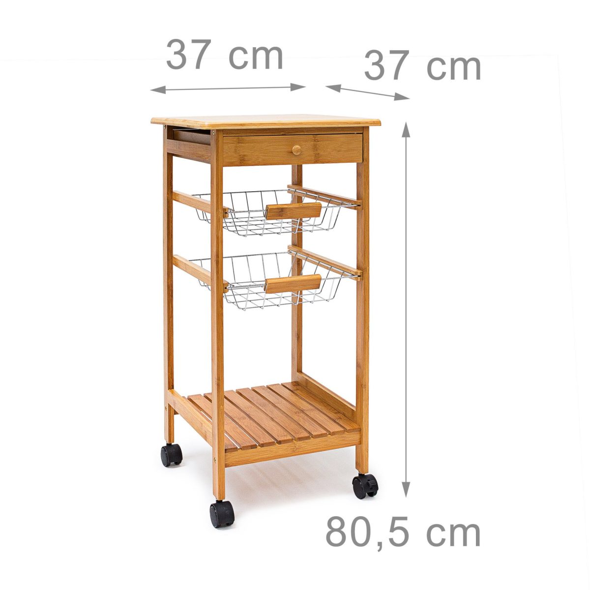 Carucior servire Relaxdays, pentru bucatarie, cu sertar, 2 cosuri pentru fructe si legume si raft, natur, 80.5 x 37 x 37 cm - imagine 4
