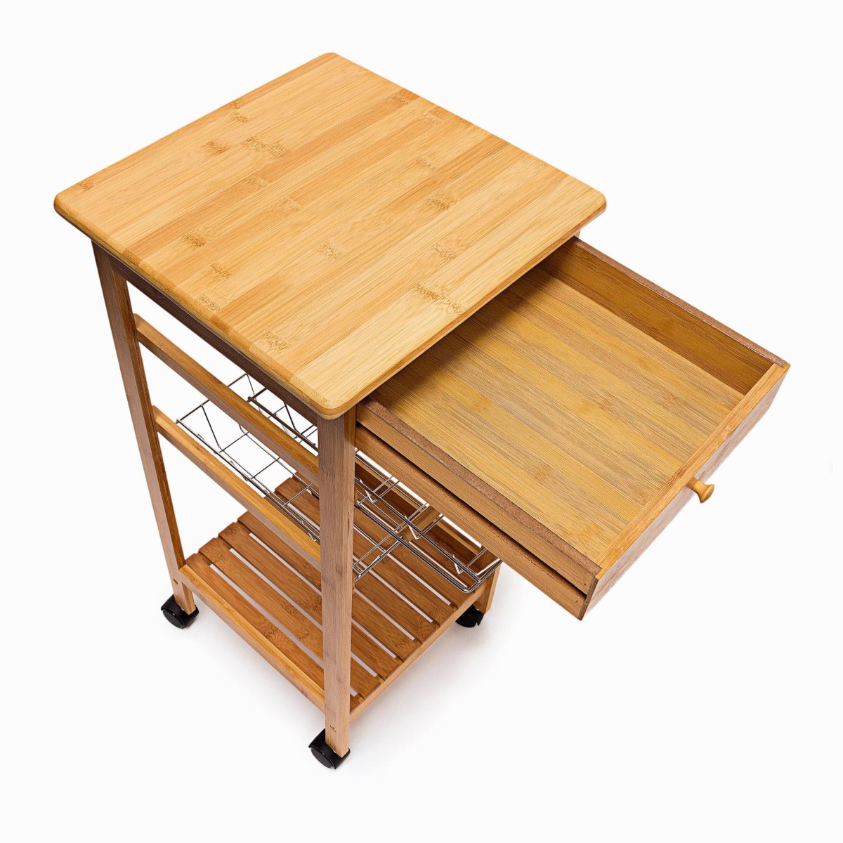 Carucior servire Relaxdays, pentru bucatarie, cu sertar, 2 cosuri pentru fructe si legume si raft, natur, 80.5 x 37 x 37 cm - imagine 6