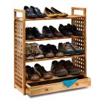 Pantofar cu 4 nivele si sertar, din lemn de nuc, Relaxdays, 81 x 70 x 27 cm