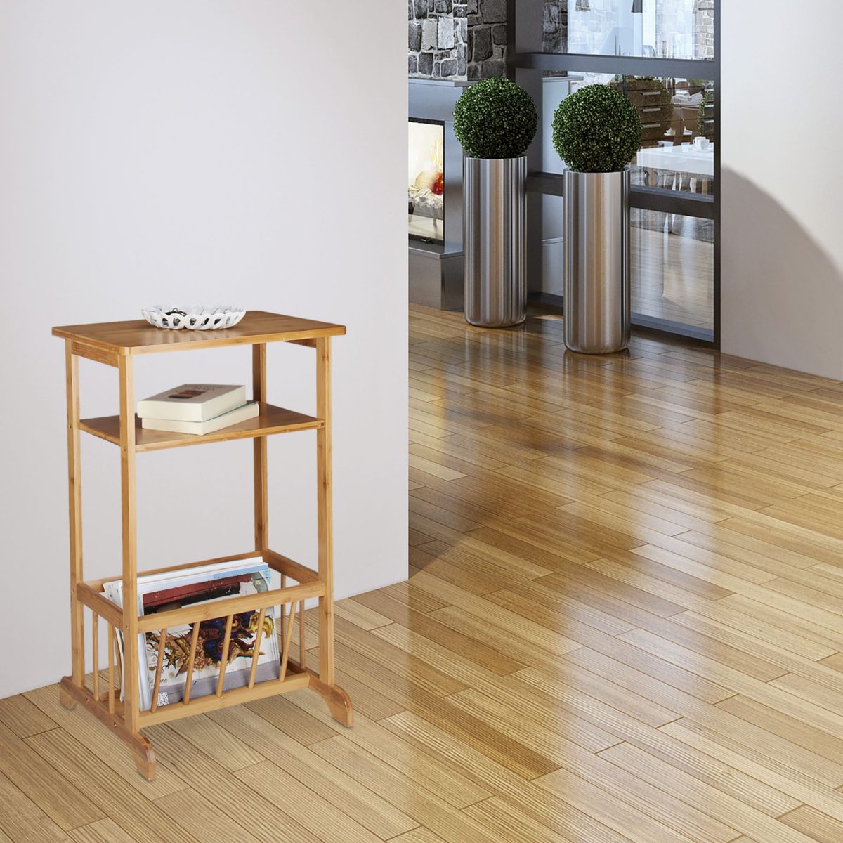 Masuta cafea multifunctionala, cu raft si sertar, MDF/bambus, maro - imagine 2