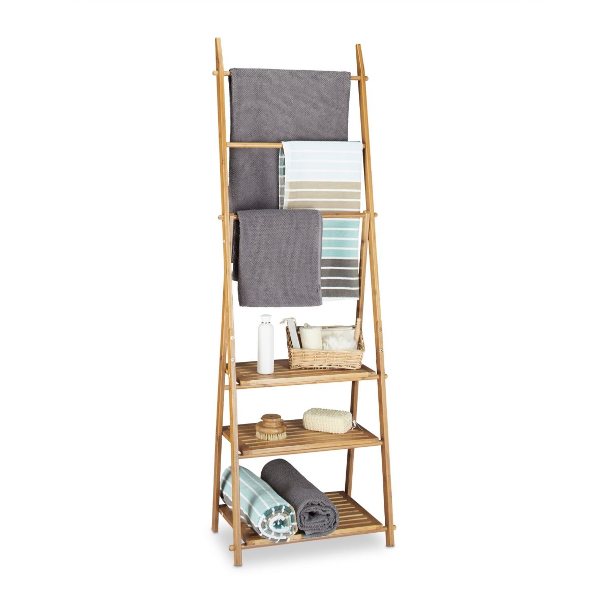 Suport prosoape tip scara, cu 3 rafturi, Relaxdays, bambus, 152 x 53 x 31 cm - imagine 2