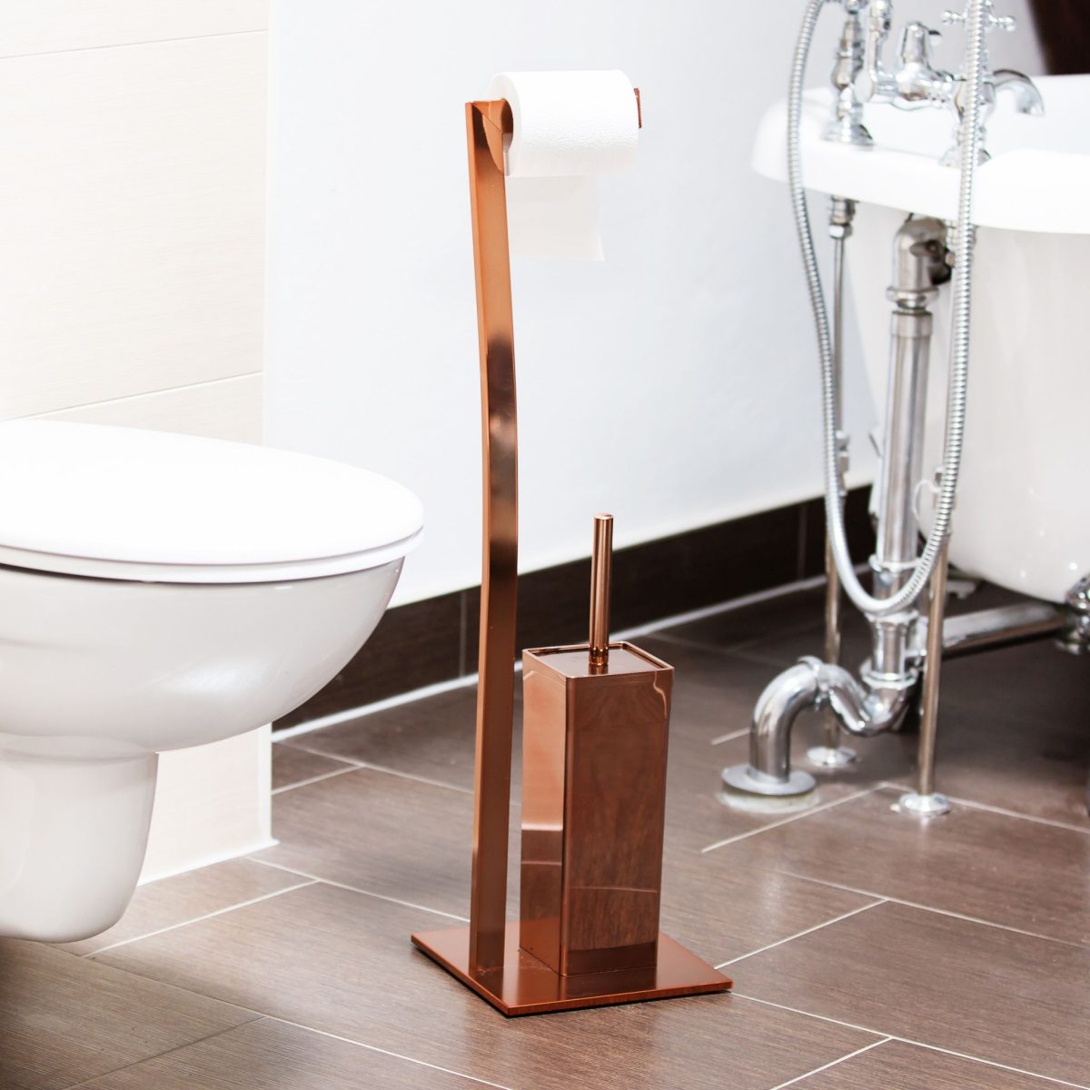 Suport pentru hartie igienica cu perie de toaleta 2 in 1, Relaxdays, bronz, otel inoxidabil - imagine 2