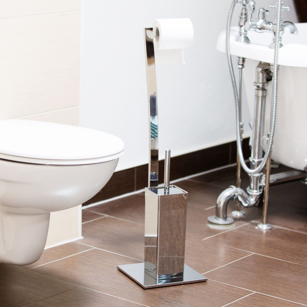 Suport pentru hartie igienica cu perie de toaleta 2 in 1, Relaxdays, argintiu, otel inoxidabil - imagine 2