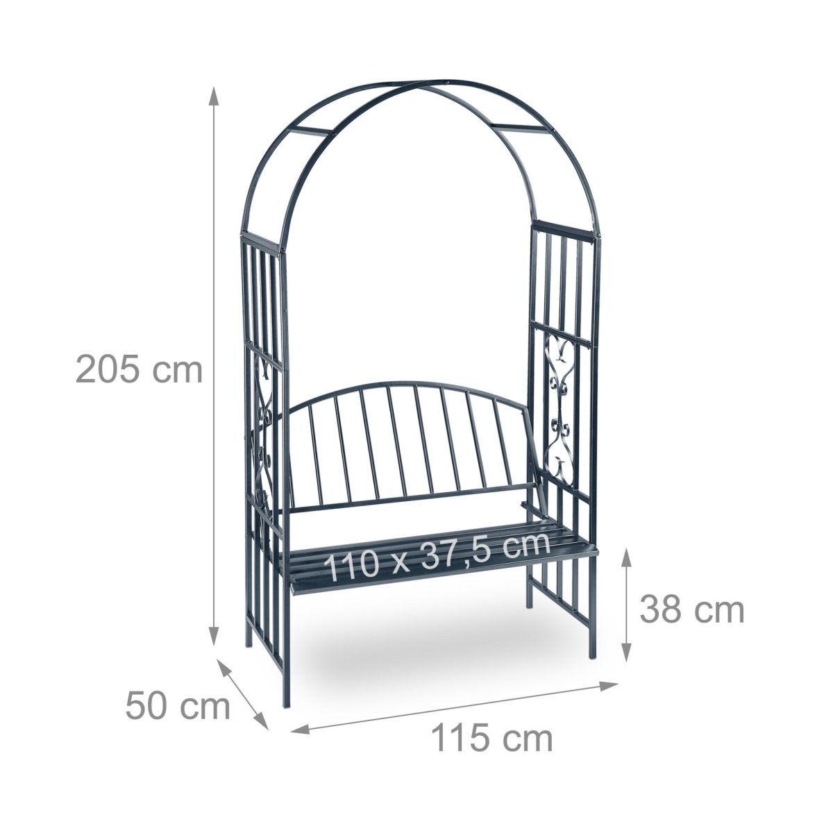 Arcada metalica cu banca, pentru flori cataratoare, antracit, 205 x 115 x 50 cm, Relaxdays - imagine 4
