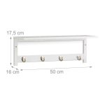 Raft de perete pentru hol cu 4 agatatori, Relaxdays, alb, din bambus, 17.5 x 50 x 16 cm - imagine 4
