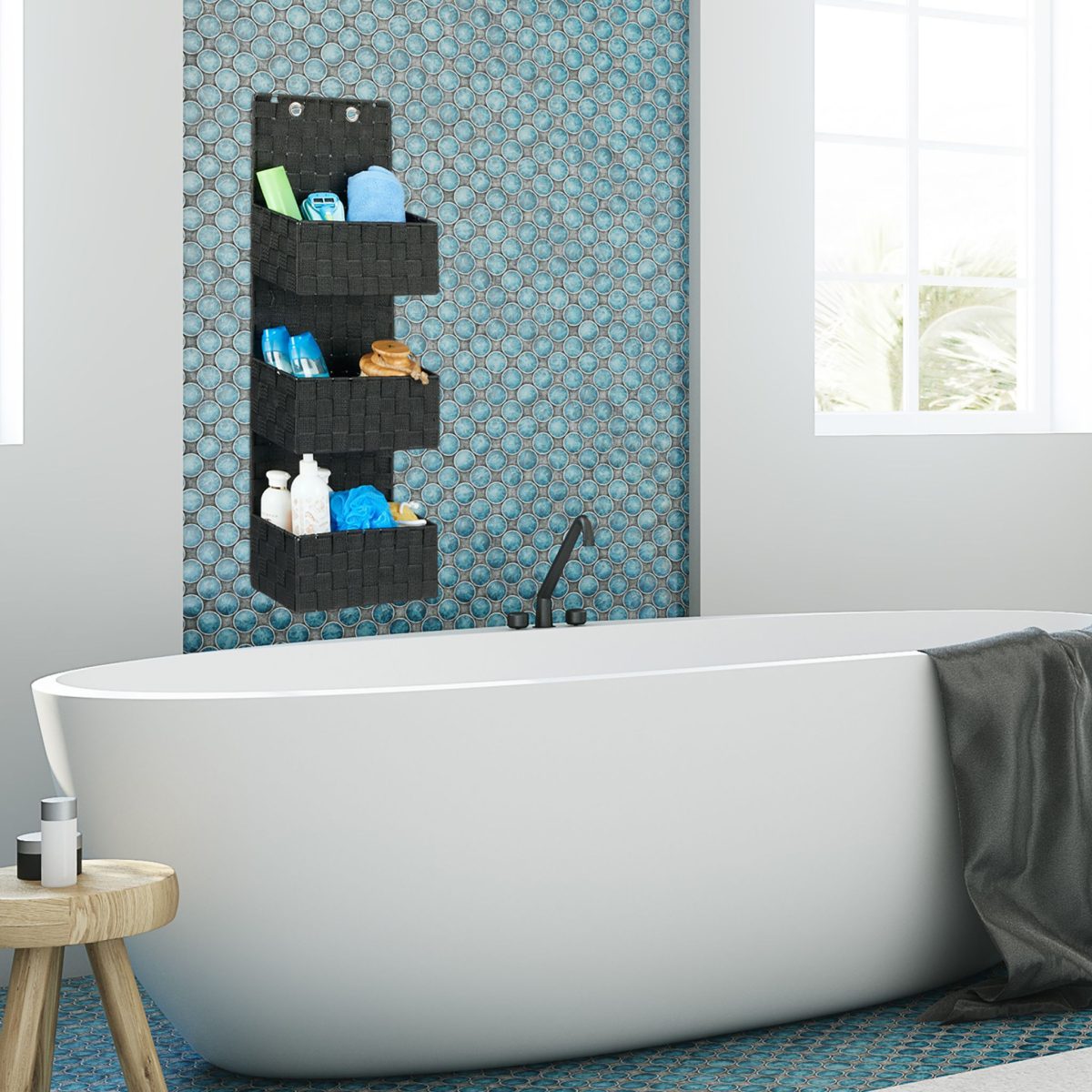 Organizator triplu pentru baie, cadrul metalic, negru, 75 x 25 x 15 cm - imagine 2